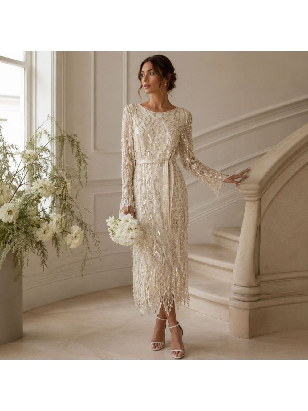 Vintage 80s Silk Sequin Beaded LWD Cocktail Bridal Wedding Holiday Midi Dress M